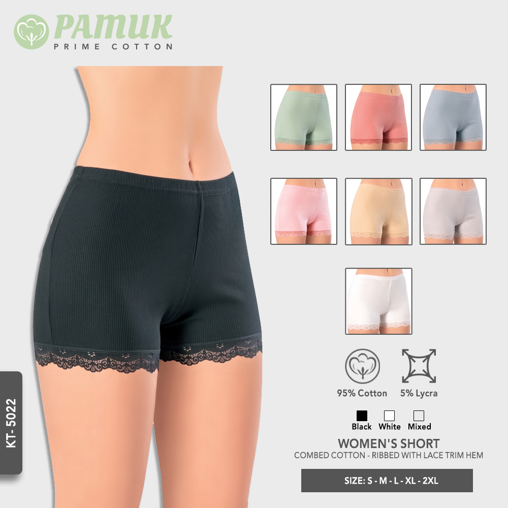 WOMEN'S SHORT - COMBED COTTON - RIBBED WITH LACE TRIM HEM (KT-5022)
